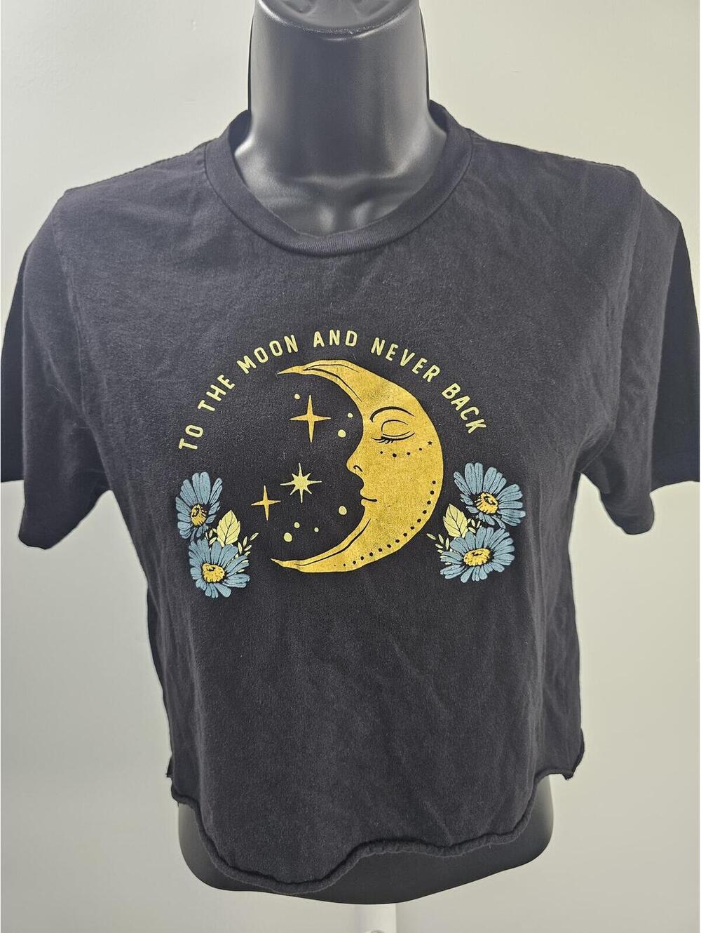 Black Crop T-Shirt with Moon and Floral Graphic Print